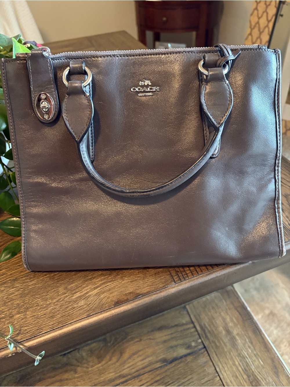 Coach Smooth Leather Satchel in Dark Brown